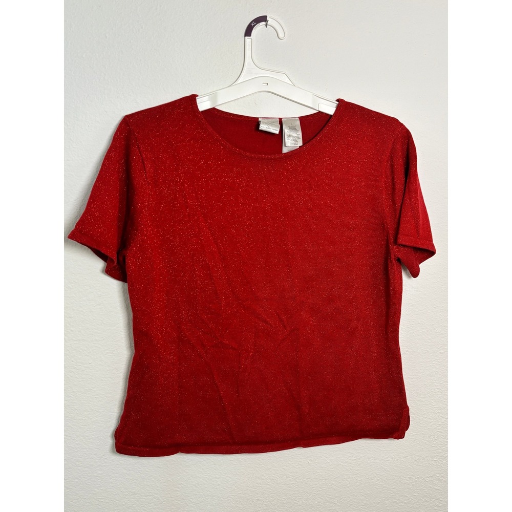 Emma James Liz Claiborne Red Metallic Sparkle Knit Short Sleeve Top Large